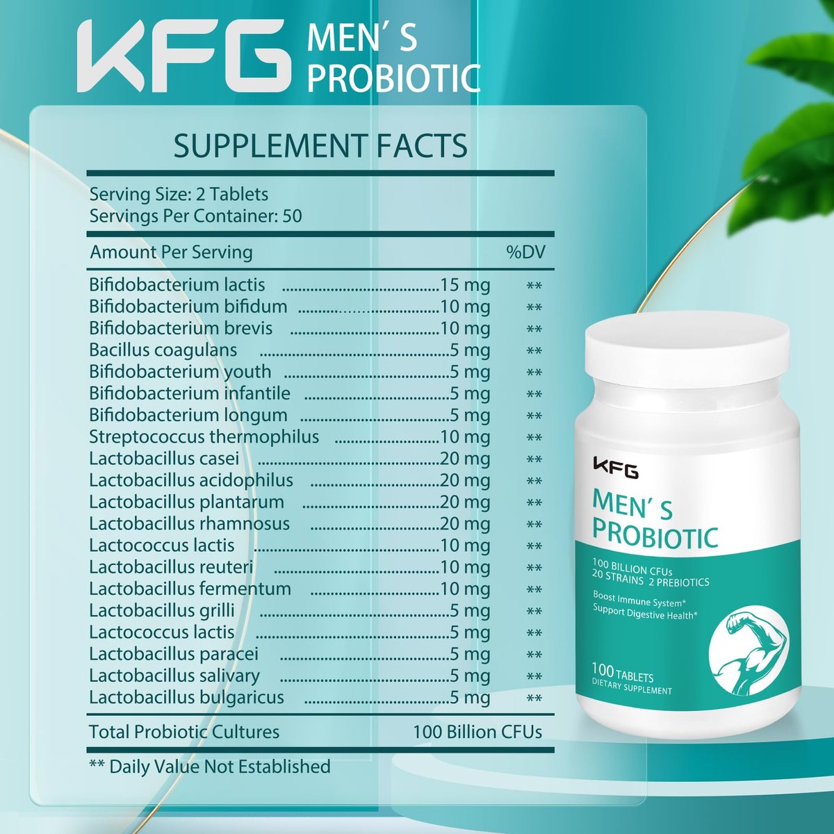 KFG Probiotikum 100 Milliarden KBE, 20 Stämme, 2 Präbiotika und Verdauungsenzyme, Unterstützt Verdauung, Immunsystem, Darmgesundheit und Stoffwechsel, Non-GMO, Gluten- & Sojafrei, 100 Tabletten