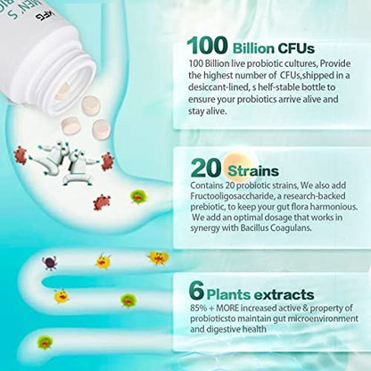 KFG Probiotikum 100 Milliarden KBE, 20 Stämme, 2 Präbiotika und Verdauungsenzyme, Unterstützt Verdauung, Immunsystem, Darmgesundheit und Stoffwechsel, Non-GMO, Gluten- & Sojafrei, 100 Tabletten