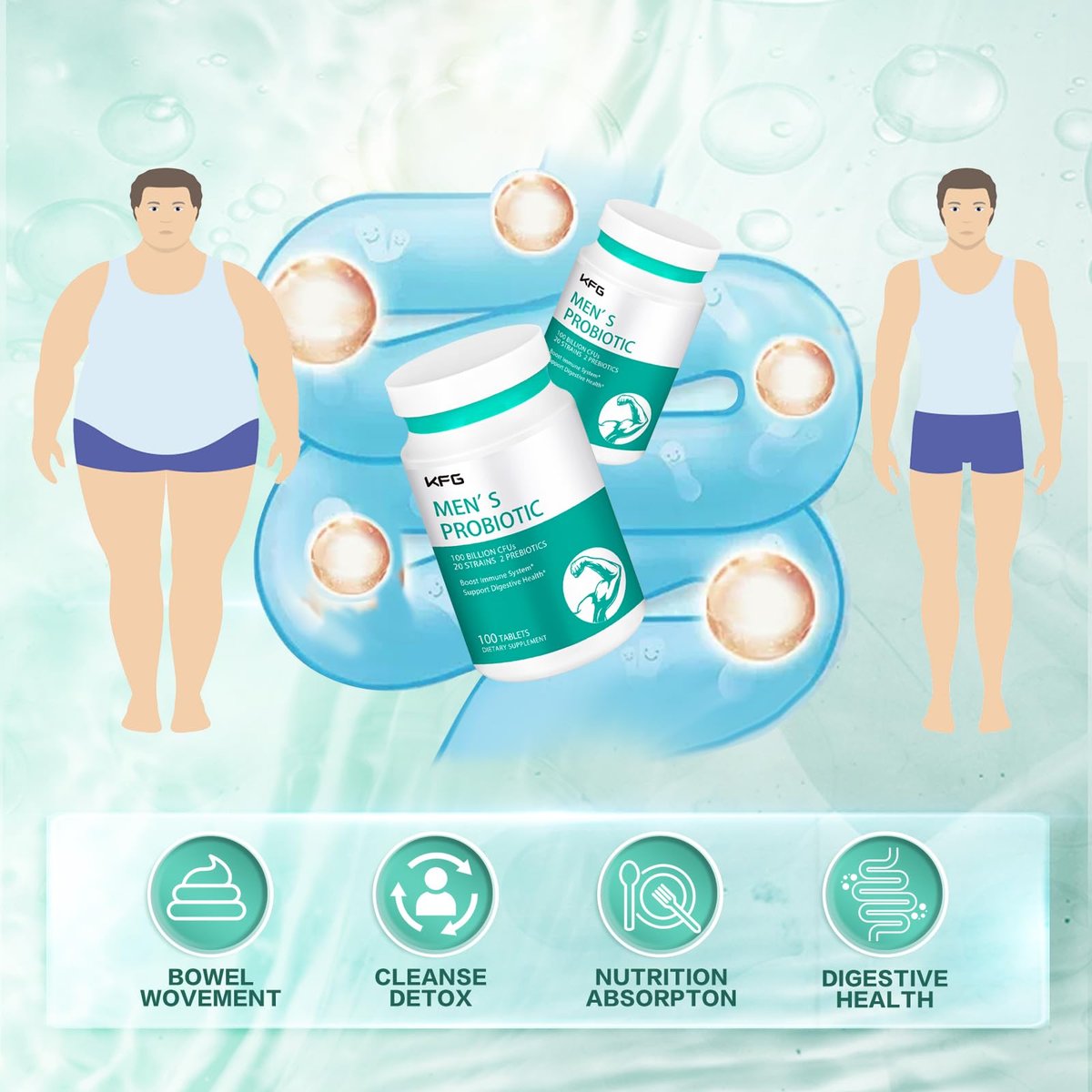 KFG Probiotikum 100 Milliarden KBE, 20 Stämme, 2 Präbiotika und Verdauungsenzyme, Unterstützt Verdauung, Immunsystem, Darmgesundheit und Stoffwechsel, Non-GMO, Gluten- & Sojafrei, 100 Tabletten