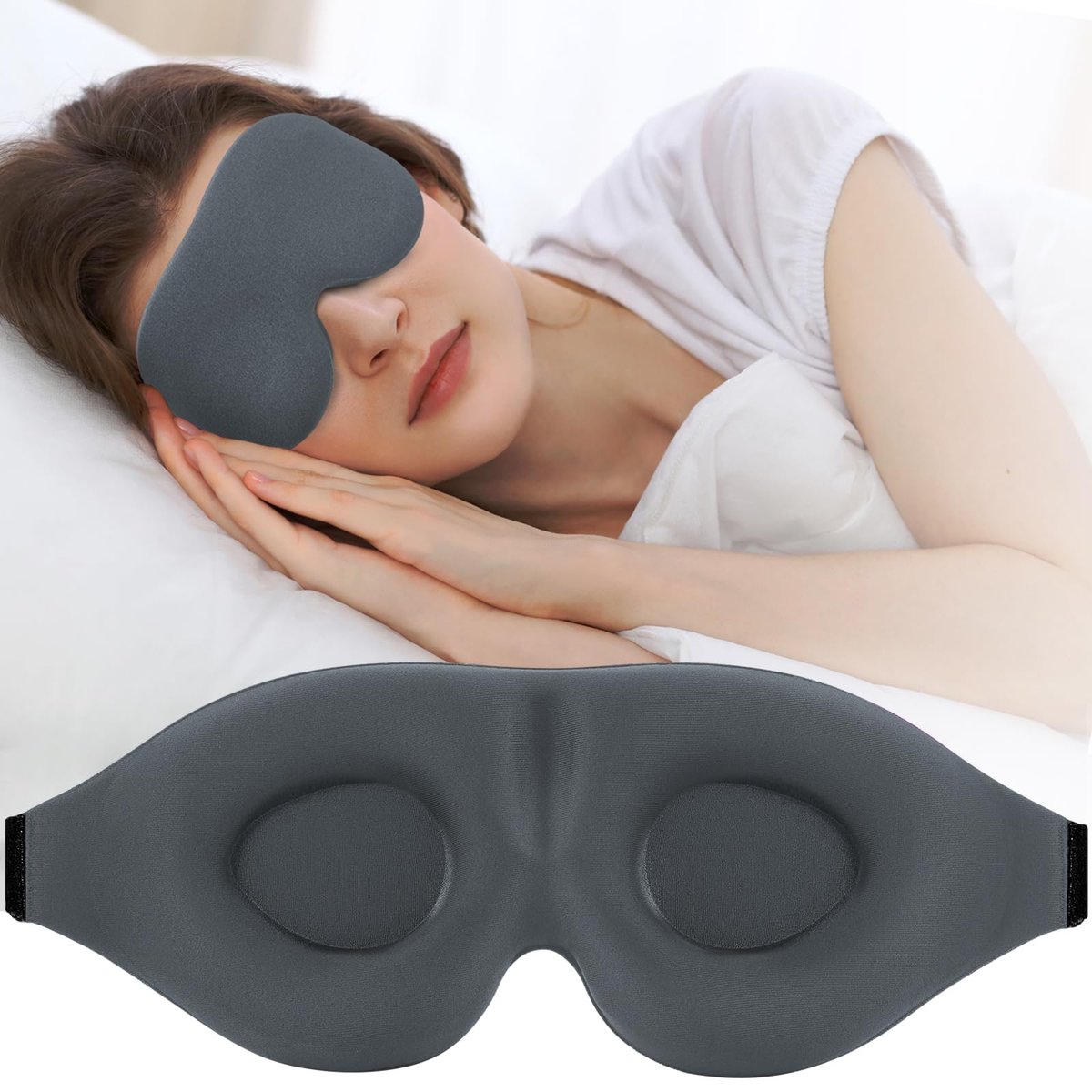 ZGGCD Schlafmaske für Seitenschläfer, lichtblockierende Augenmaske für Damen und Herren, 3D-Kontur-Cup-Nachtblindekleid, luxuriöse Augenabdeckung mit verstellbarem Riemen für Reisen, Nickerchen, Grau