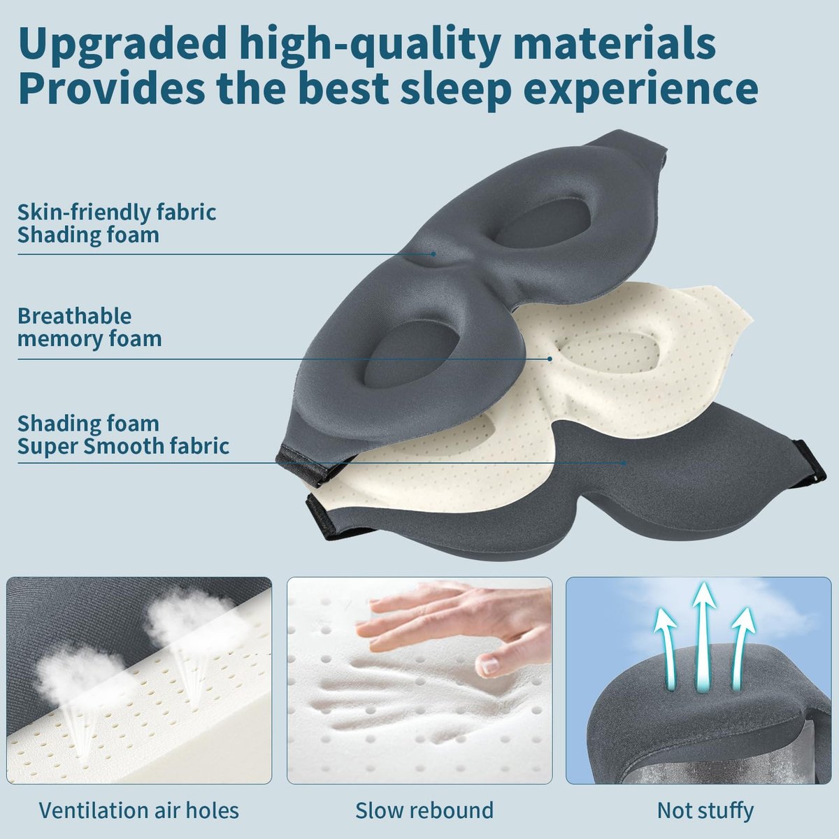ZGGCD Schlafmaske für Seitenschläfer, lichtblockierende Augenmaske für Damen und Herren, 3D-Kontur-Cup-Nachtblindekleid, luxuriöse Augenabdeckung mit verstellbarem Riemen für Reisen, Nickerchen, Grau
