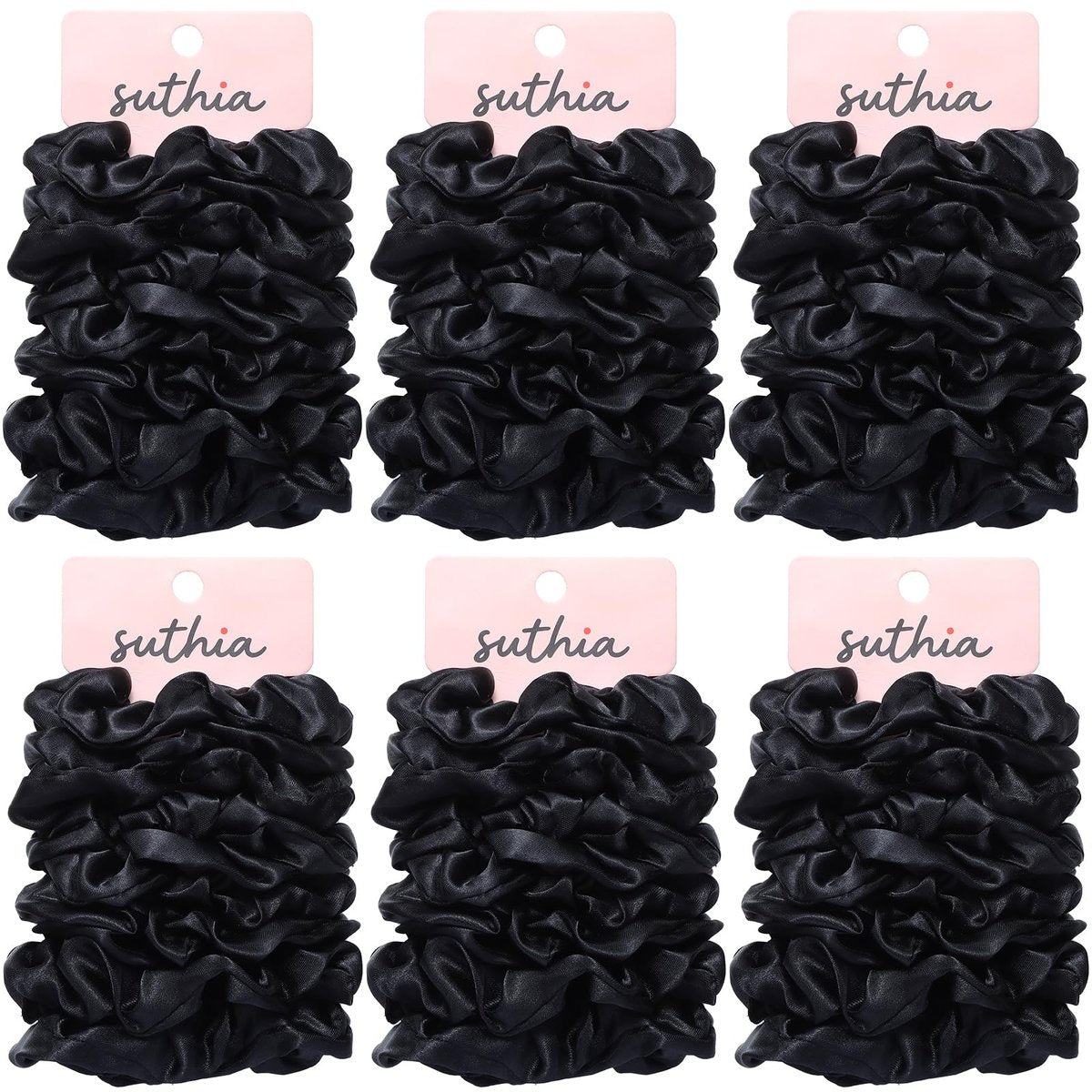 SUTHIA Satin Scrunchies 60er Pack – Seidige Haargummis für Frauen, Mädchen & Kinder – Keine Haarschäden – Schwarz – Haarbänder für Schlafen, dicke, lockige, dünne & feine Haare – Rutschfest
