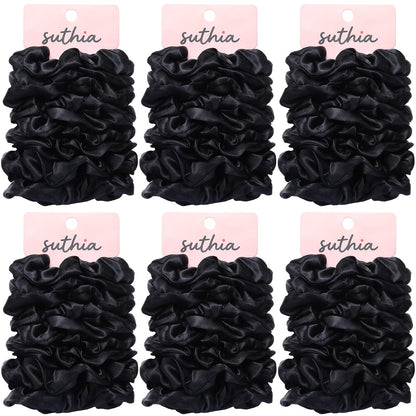SUTHIA Satin Scrunchies 60er Pack – Seidige Haargummis für Frauen, Mädchen & Kinder – Keine Haarschäden – Schwarz – Haarbänder für Schlafen, dicke, lockige, dünne & feine Haare – Rutschfest