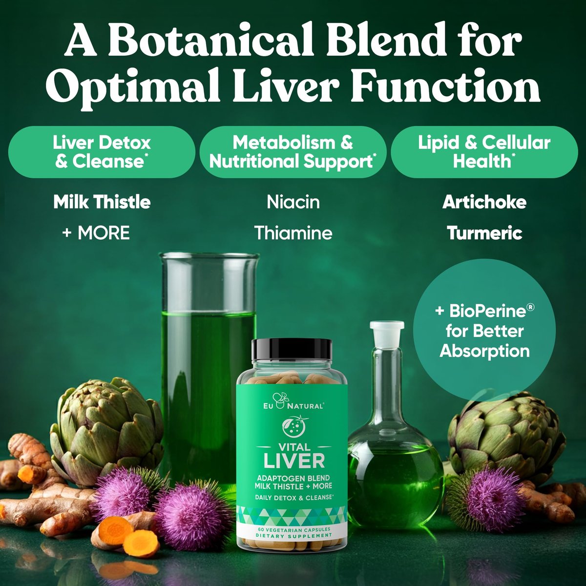 Vital Liver Cleanse Detox & Repair – 9-in-1 Leberunterstützung mit Mariendistel, Artischocke, Kurkuma und Adaptogenen – 60 vegane Kapseln
