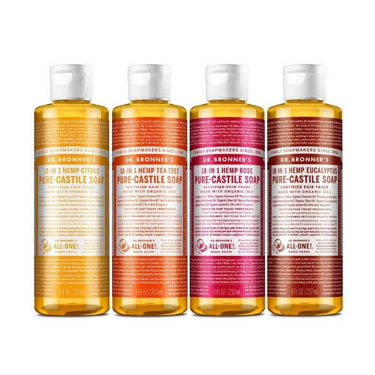Dr. Bronner's – Flüssigseife Sortenpaket mit Zitrus, Teebaum, Rose & Eukalyptus, aus Bio-Ölen, 18-in-1 Anwendungen: Gesicht, Körper, Haare, Wäsche, Haustiere & Geschirr (8 oz, 4er-Pack)