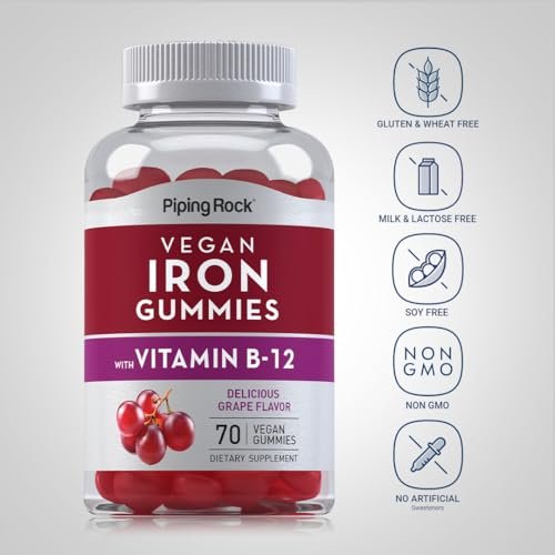 Piping Rock Vegan Eisen Gummibärchen mit Vitamin B-12 – 70 Stück – Leckerer Traubengeschmack – Non-GMO, Glutenfrei
