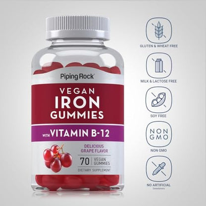 Piping Rock Vegan Eisen Gummibärchen mit Vitamin B-12 – 70 Stück – Leckerer Traubengeschmack – Non-GMO, Glutenfrei