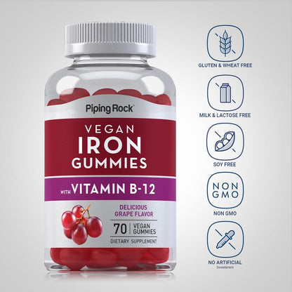 Piping Rock Vegan Eisen Gummibärchen mit Vitamin B-12 – 70 Stück – Leckerer Traubengeschmack – Non-GMO, Glutenfrei