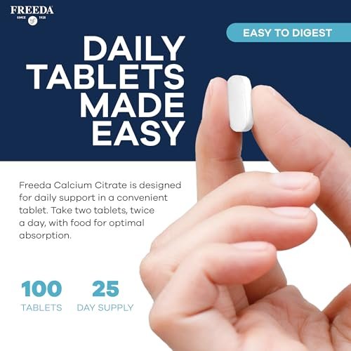 Freeda Calcium Citrat – Veganes Knochenstärkungspräparat, koscher, unterstützt Knochendichte und Muskelfunktion – 1000 mg Calcium pro Portion – ohne Vitamin D – 100 Tabletten