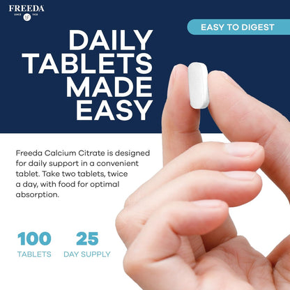 Freeda Calcium Citrat – Veganes Knochenstärkungspräparat, koscher, unterstützt Knochendichte und Muskelfunktion – 1000 mg Calcium pro Portion – ohne Vitamin D – 100 Tabletten