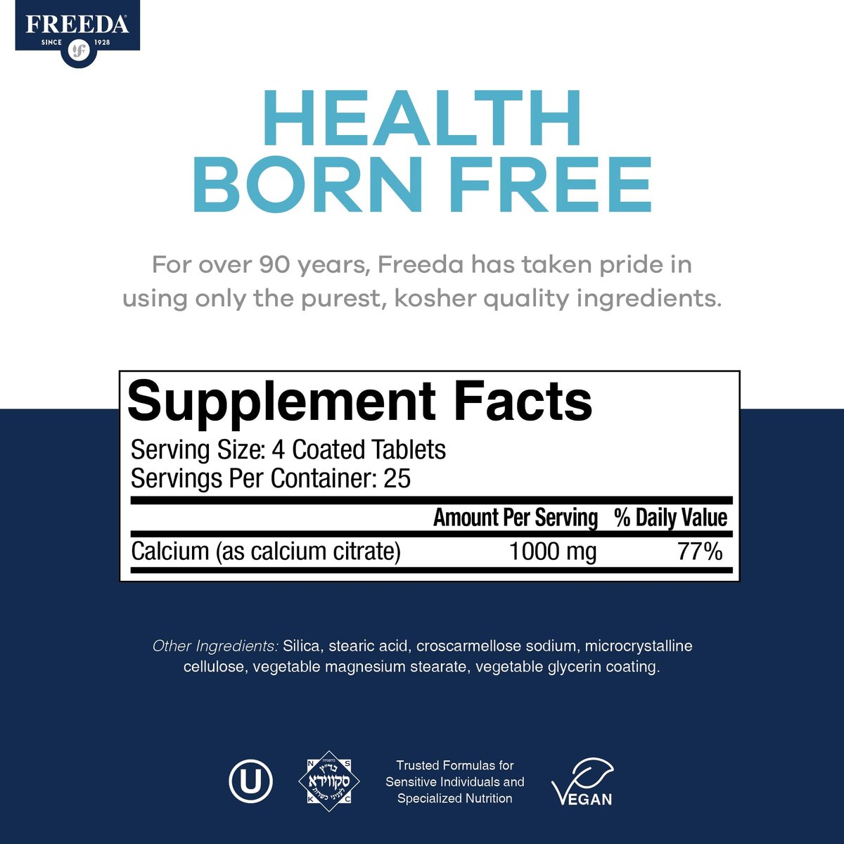 Freeda Calcium Citrat – Veganes Knochenstärkungspräparat, koscher, unterstützt Knochendichte und Muskelfunktion – 1000 mg Calcium pro Portion – ohne Vitamin D – 100 Tabletten