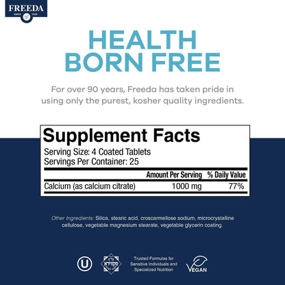 Freeda Calcium Citrat – Veganes Knochenstärkungspräparat, koscher, unterstützt Knochendichte und Muskelfunktion – 1000 mg Calcium pro Portion – ohne Vitamin D – 100 Tabletten