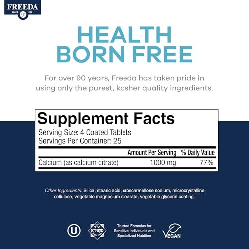 Freeda Calcium Citrat – Veganes Knochenstärkungspräparat, koscher, unterstützt Knochendichte und Muskelfunktion – 1000 mg Calcium pro Portion – ohne Vitamin D – 100 Tabletten
