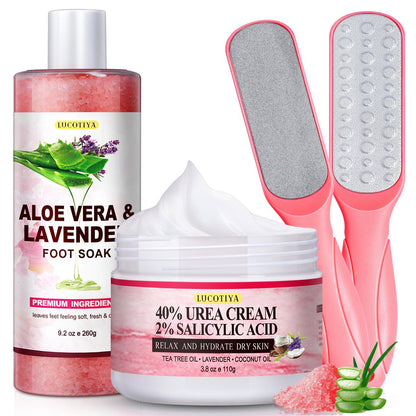 LUCOTIYA Pediküre-Set – Fußbad mit Hornhautentferner, Nagelhautentferner, Fußfeile, Harnstoffcreme für trockene, rissige Füße – Aloe & Lavendel