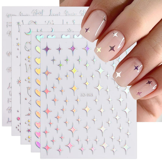 JMEOWIO 12 Blätter Aurora Nagelaufkleber Glitzer holografisch Stern Herz Nagelkunst Aufkleber selbstklebend