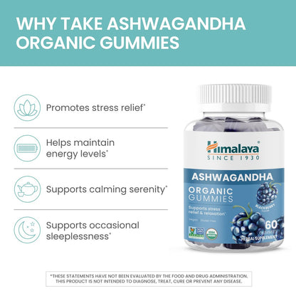 Himalaya Ashwagandha Bio-Gummis mit KSM-66, Stressabbau, Energie & Entspannung, 60 Gummis mit leckerem Brombeergeschmack