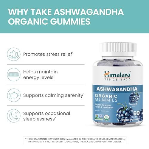 Himalaya Ashwagandha Bio-Gummis mit KSM-66, Stressabbau, Energie & Entspannung, 60 Gummis mit leckerem Brombeergeschmack