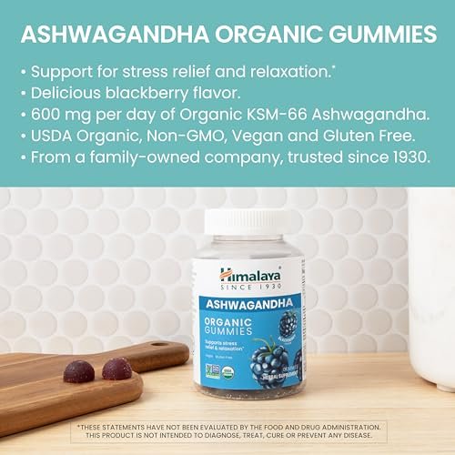 Himalaya Ashwagandha Bio-Gummis mit KSM-66, Stressabbau, Energie & Entspannung, 60 Gummis mit leckerem Brombeergeschmack