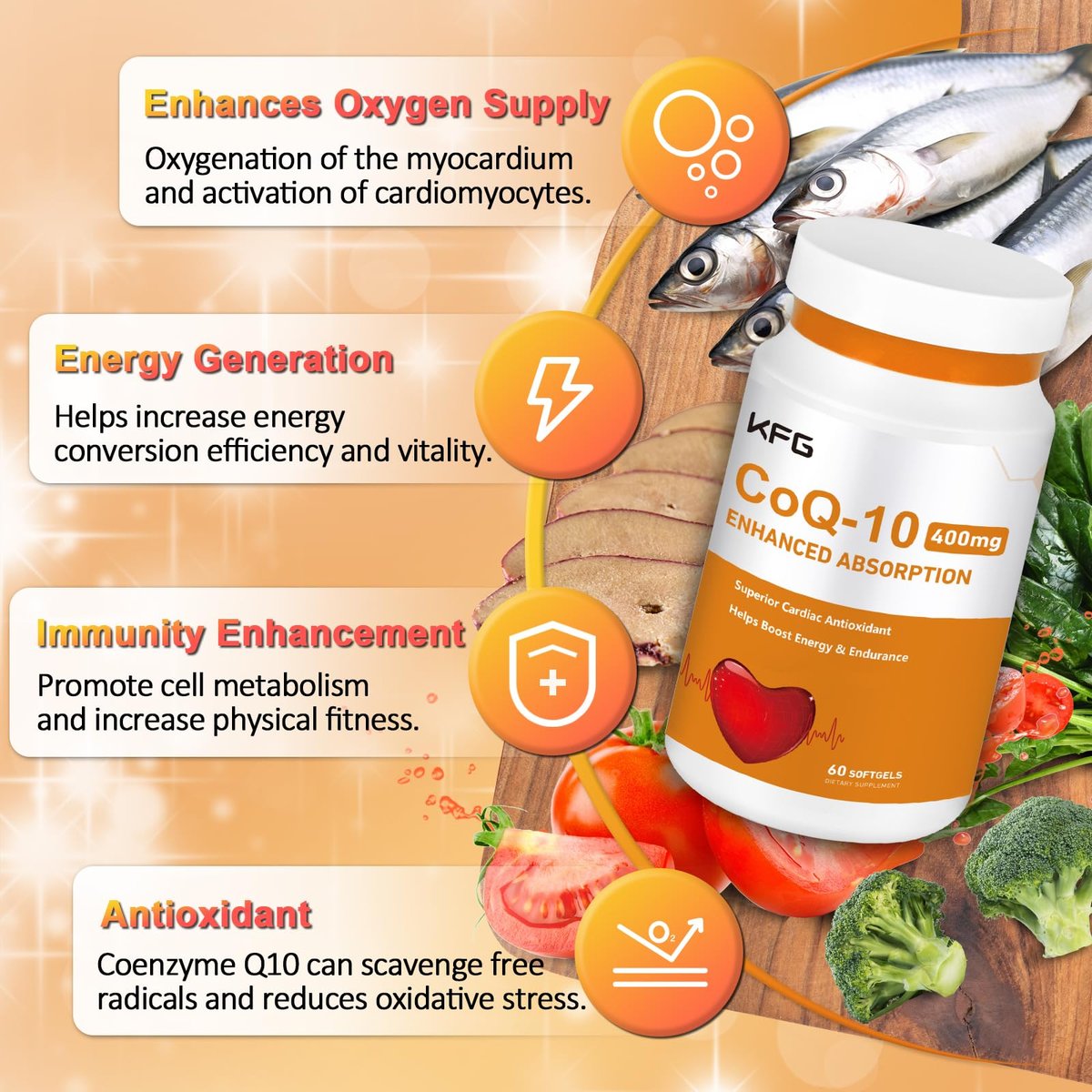 KFG CoQ10 400mg Weichkapseln – Coenzym Q10 für Herzgesundheit, Immunsystem & Zellenergie – Glutenfrei – 60 Kapseln