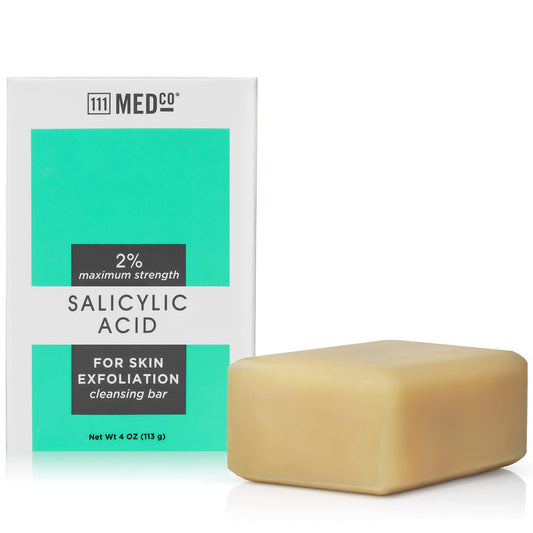 111MedCo 2% Salicylsäure Peeling-Reinigungsseife gegen Akne, medizinisches Gesichts- und Körperreinigungsmittel gegen Unreinheiten, raue Haut und stumpfen Teint, glättet und reinigt die Poren, 113 g
