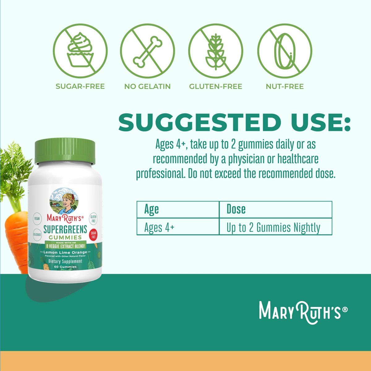 MaryRuth's Super Greens | Natürlich vorkommendes Quercetin | Spirulina | Brokkoliwurzel | Grünkohlblatt | Zuckerfreie Gummis für Erwachsene und Kinder ab 4 Jahren | 2g Ballaststoffe | Vegan | 60 Stück