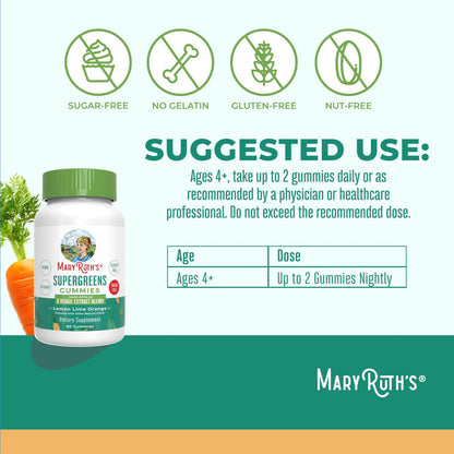 MaryRuth's Super Greens | Natürlich vorkommendes Quercetin | Spirulina | Brokkoliwurzel | Grünkohlblatt | Zuckerfreie Gummis für Erwachsene und Kinder ab 4 Jahren | 2g Ballaststoffe | Vegan | 60 Stück