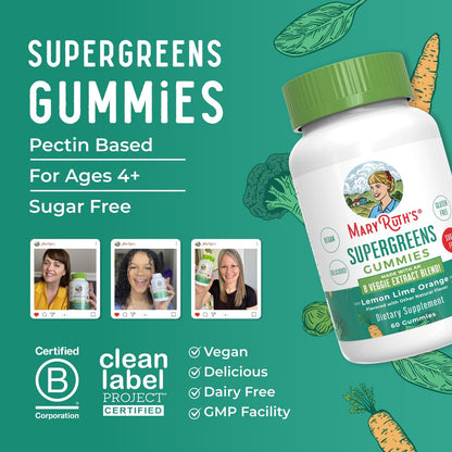 MaryRuth's Super Greens | Natürlich vorkommendes Quercetin | Spirulina | Brokkoliwurzel | Grünkohlblatt | Zuckerfreie Gummis für Erwachsene und Kinder ab 4 Jahren | 2g Ballaststoffe | Vegan | 60 Stück