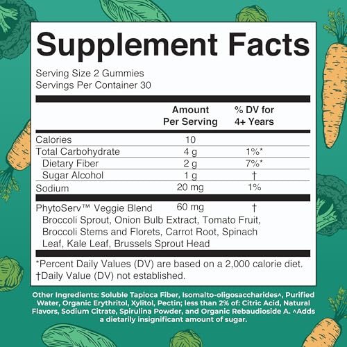 MaryRuth's Super Greens | Natürlich vorkommendes Quercetin | Spirulina | Brokkoliwurzel | Grünkohlblatt | Zuckerfreie Gummis für Erwachsene und Kinder ab 4 Jahren | 2g Ballaststoffe | Vegan | 60 Stück