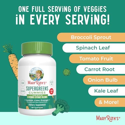 MaryRuth's Super Greens | Natürlich vorkommendes Quercetin | Spirulina | Brokkoliwurzel | Grünkohlblatt | Zuckerfreie Gummis für Erwachsene und Kinder ab 4 Jahren | 2g Ballaststoffe | Vegan | 60 Stück