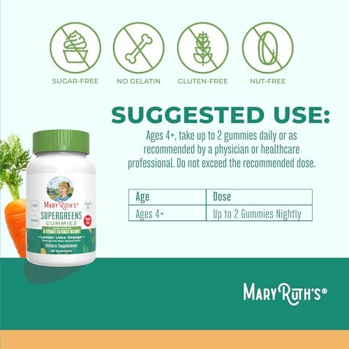 MaryRuth's Super Greens | Natürlich vorkommendes Quercetin | Spirulina | Brokkoliwurzel | Grünkohlblatt | Zuckerfreie Gummis für Erwachsene und Kinder ab 4 Jahren | 2g Ballaststoffe | Vegan | 60 Stück