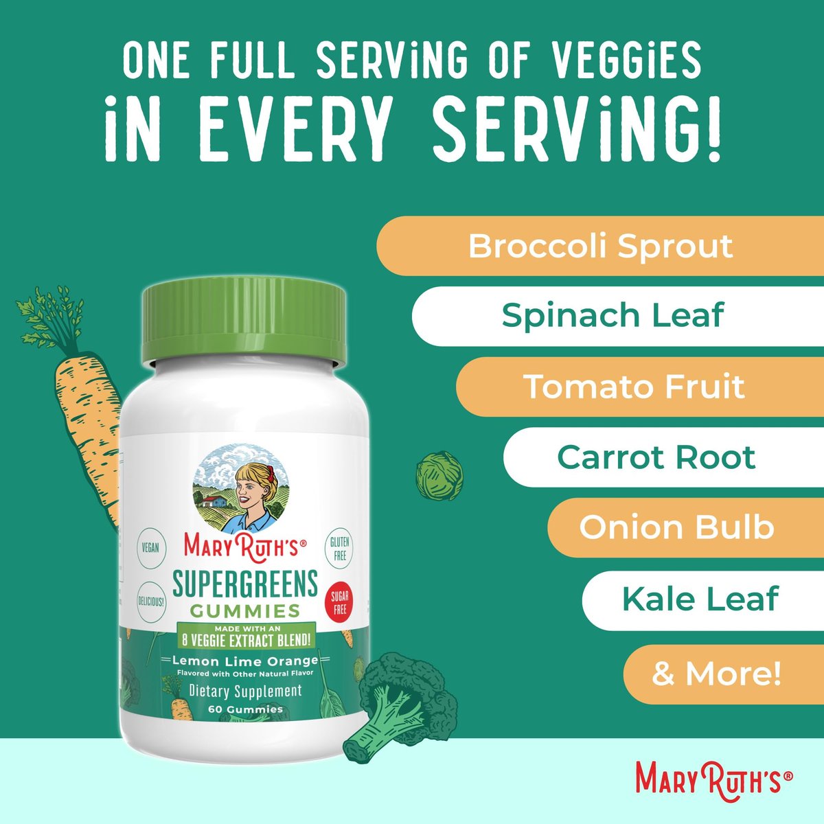 MaryRuth's Super Greens | Natürlich vorkommendes Quercetin | Spirulina | Brokkoliwurzel | Grünkohlblatt | Zuckerfreie Gummis für Erwachsene und Kinder ab 4 Jahren | 2g Ballaststoffe | Vegan | 60 Stück