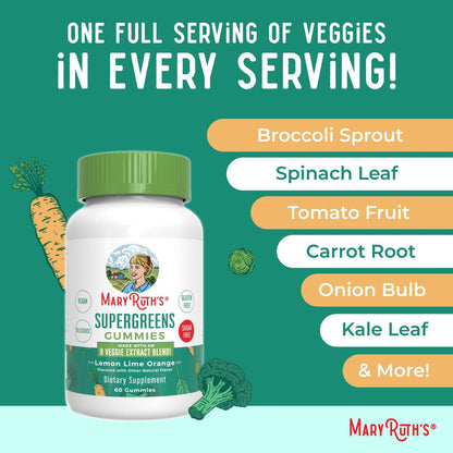 MaryRuth's Super Greens | Natürlich vorkommendes Quercetin | Spirulina | Brokkoliwurzel | Grünkohlblatt | Zuckerfreie Gummis für Erwachsene und Kinder ab 4 Jahren | 2g Ballaststoffe | Vegan | 60 Stück