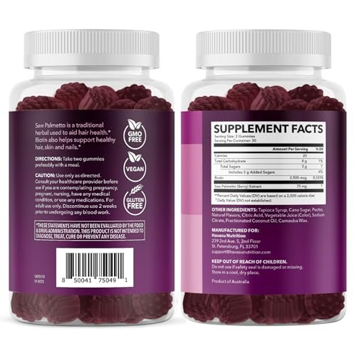 Sägepalmen-Gummis für Frauen mit 2500mcg Biotin – DHT-Blocker für Haar, Haut und Nägel – 60 Stück – Vegan, Nicht-GVO, 1-Monatsvorrat