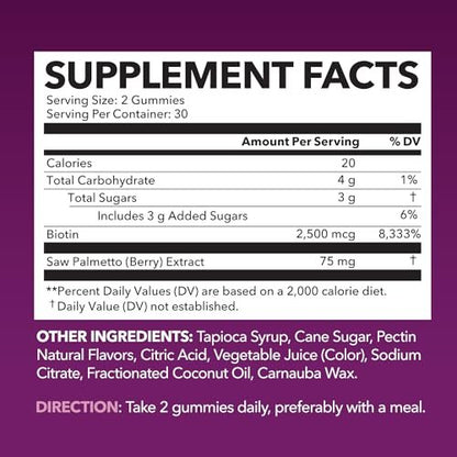 Sägepalmen-Gummis für Frauen mit 2500mcg Biotin – DHT-Blocker für Haar, Haut und Nägel – 60 Stück – Vegan, Nicht-GVO, 1-Monatsvorrat