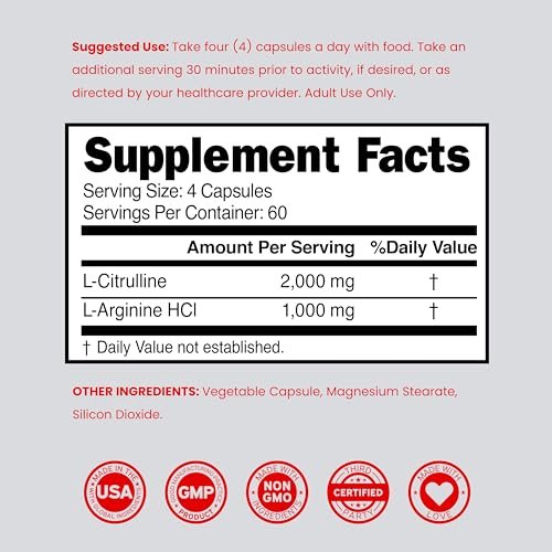 L-Arginin L-Citrullin Kapseln 3000mg (240 Kapseln) – Stickoxid Booster für Männer – Ausdauer, Leistung, Workout-Support – Glutenfrei, Nicht-GVO, Vegan