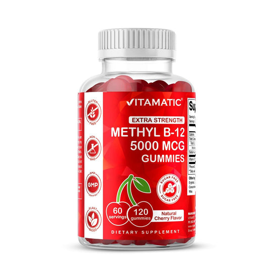 Vitamatic Extra Starkes Vitamin B12 5000 mcg (Methyl-B12) Gummis – 120 Stück – Unterstützt Energie-Stoffwechsel und Nervensystem, Natürlicher Kirschgeschmack