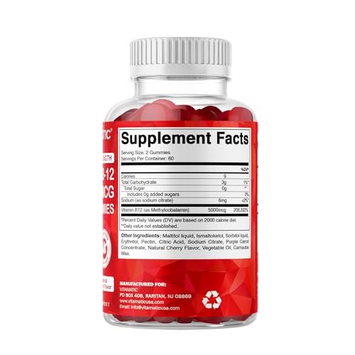Vitamatic Extra Starkes Vitamin B12 5000 mcg (Methyl-B12) Gummis – 120 Stück – Unterstützt Energie-Stoffwechsel und Nervensystem, Natürlicher Kirschgeschmack