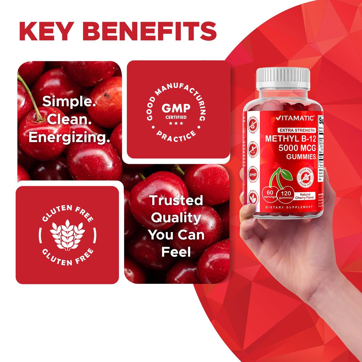 Vitamatic Extra Starkes Vitamin B12 5000 mcg (Methyl-B12) Gummis – 120 Stück – Unterstützt Energie-Stoffwechsel und Nervensystem, Natürlicher Kirschgeschmack
