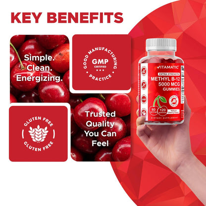 Vitamatic Extra Starkes Vitamin B12 5000 mcg (Methyl-B12) Gummis – 120 Stück – Unterstützt Energie-Stoffwechsel und Nervensystem, Natürlicher Kirschgeschmack