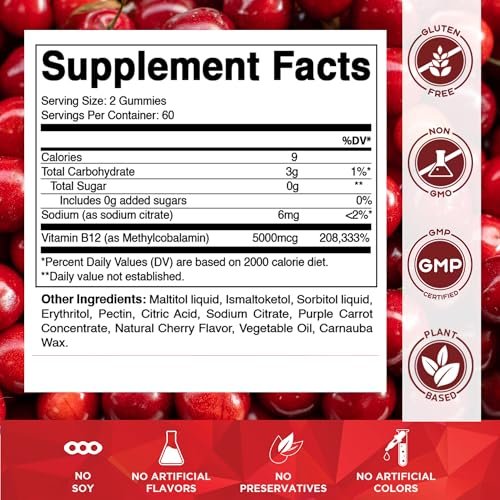 Vitamatic Extra Starkes Vitamin B12 5000 mcg (Methyl-B12) Gummis – 120 Stück – Unterstützt Energie-Stoffwechsel und Nervensystem, Natürlicher Kirschgeschmack