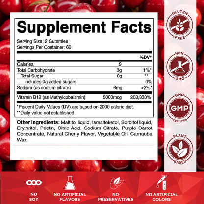 Vitamatic Extra Starkes Vitamin B12 5000 mcg (Methyl-B12) Gummis – 120 Stück – Unterstützt Energie-Stoffwechsel und Nervensystem, Natürlicher Kirschgeschmack