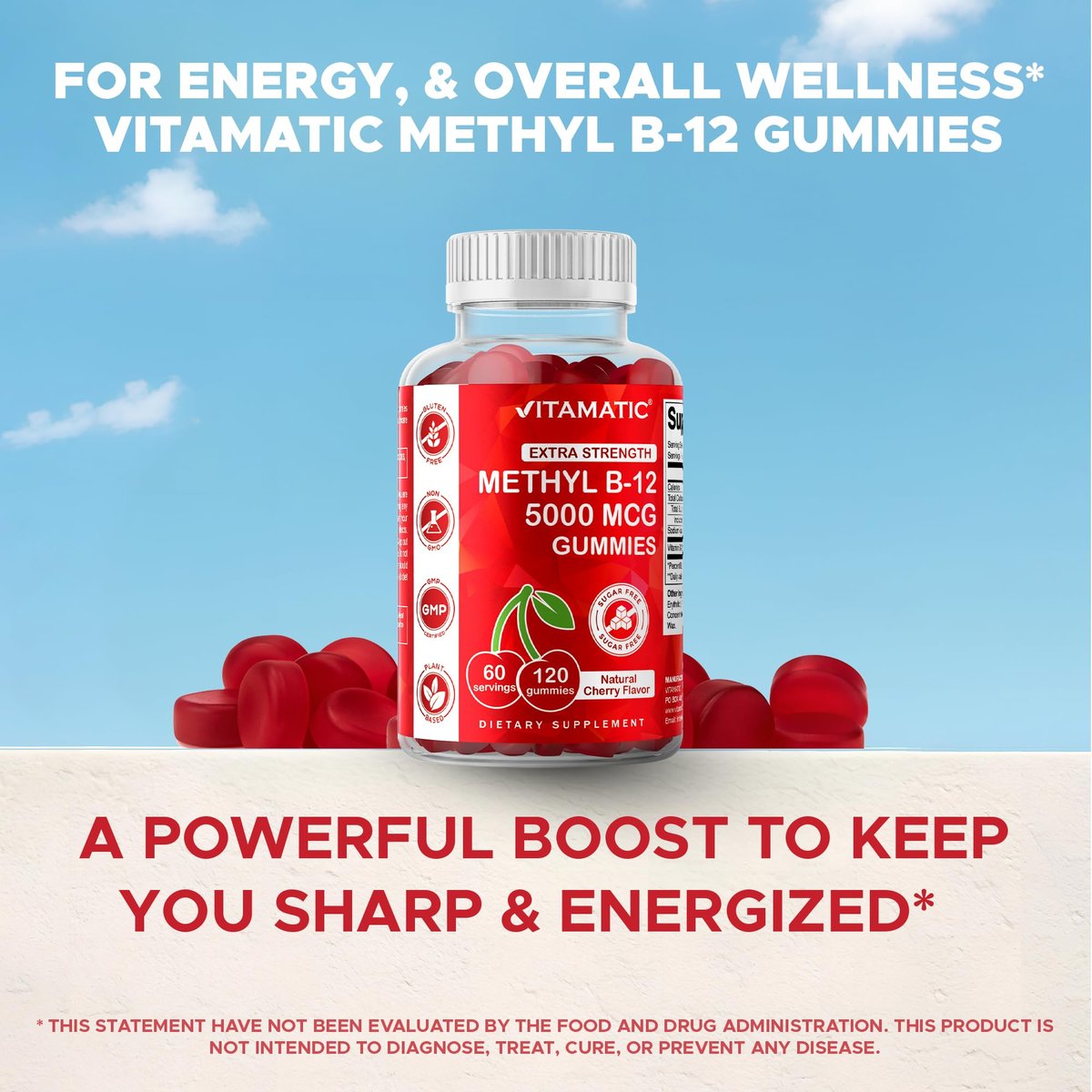 Vitamatic Extra Starkes Vitamin B12 5000 mcg (Methyl-B12) Gummis – 120 Stück – Unterstützt Energie-Stoffwechsel und Nervensystem, Natürlicher Kirschgeschmack
