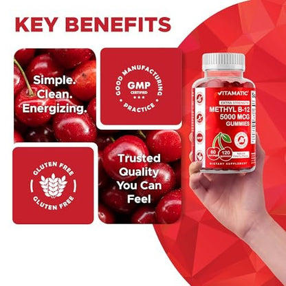 Vitamatic Extra Starkes Vitamin B12 5000 mcg (Methyl-B12) Gummis – 120 Stück – Unterstützt Energie-Stoffwechsel und Nervensystem, Natürlicher Kirschgeschmack