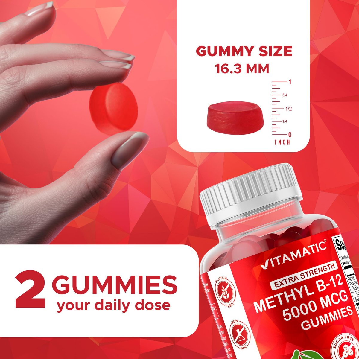 Vitamatic Extra Starkes Vitamin B12 5000 mcg (Methyl-B12) Gummis – 120 Stück – Unterstützt Energie-Stoffwechsel und Nervensystem, Natürlicher Kirschgeschmack