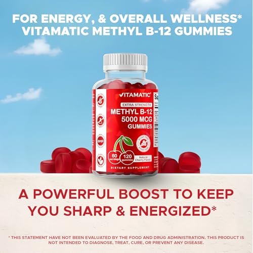 Vitamatic Extra Starkes Vitamin B12 5000 mcg (Methyl-B12) Gummis – 120 Stück – Unterstützt Energie-Stoffwechsel und Nervensystem, Natürlicher Kirschgeschmack