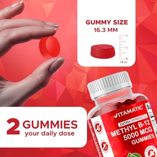 Vitamatic Extra Starkes Vitamin B12 5000 mcg (Methyl-B12) Gummis – 120 Stück – Unterstützt Energie-Stoffwechsel und Nervensystem, Natürlicher Kirschgeschmack
