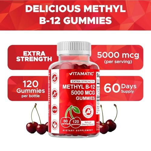 Vitamatic Extra Starkes Vitamin B12 5000 mcg (Methyl-B12) Gummis – 120 Stück – Unterstützt Energie-Stoffwechsel und Nervensystem, Natürlicher Kirschgeschmack