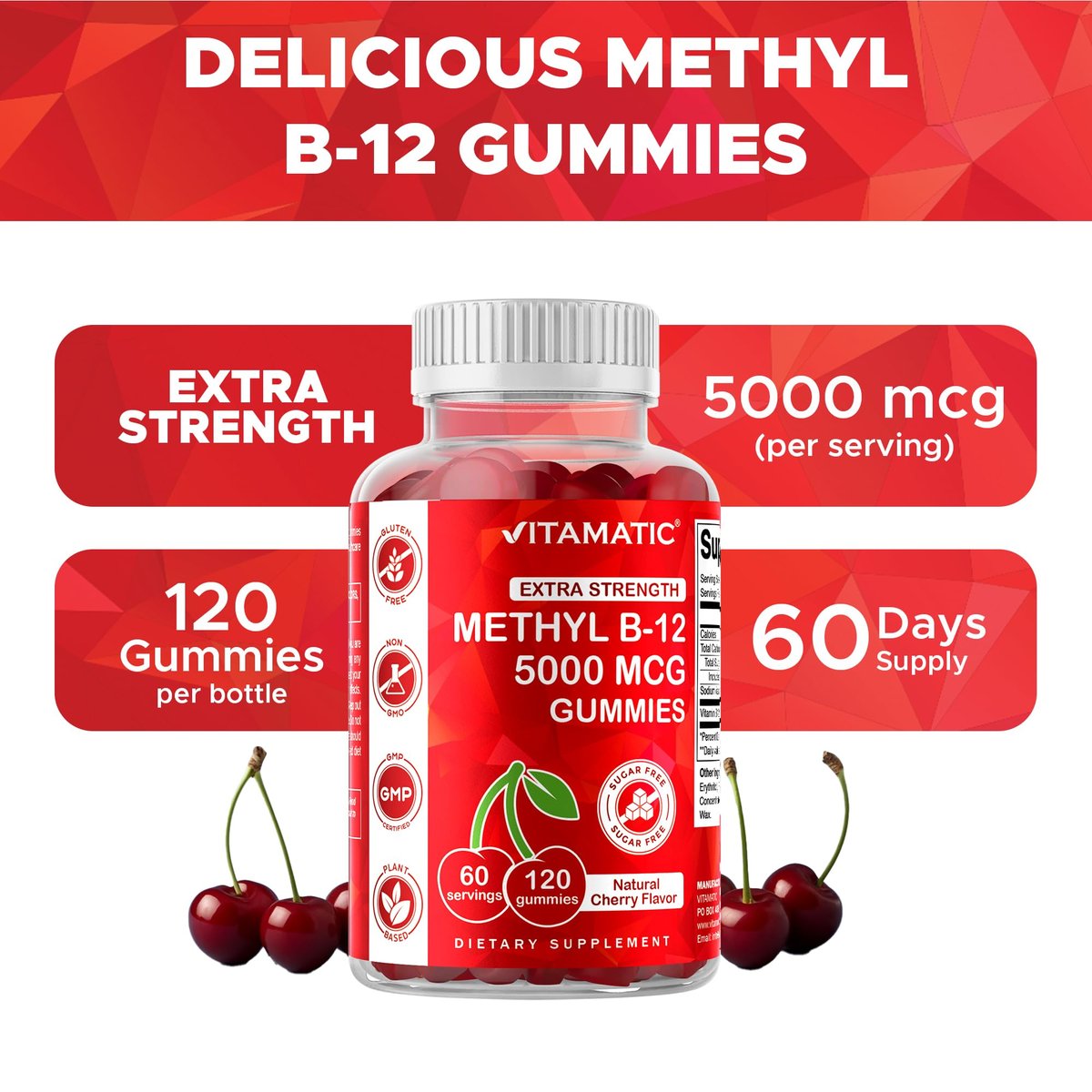 Vitamatic Extra Starkes Vitamin B12 5000 mcg (Methyl-B12) Gummis – 120 Stück – Unterstützt Energie-Stoffwechsel und Nervensystem, Natürlicher Kirschgeschmack