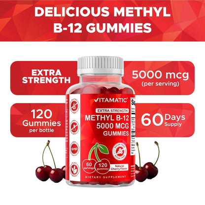 Vitamatic Extra Starkes Vitamin B12 5000 mcg (Methyl-B12) Gummis – 120 Stück – Unterstützt Energie-Stoffwechsel und Nervensystem, Natürlicher Kirschgeschmack