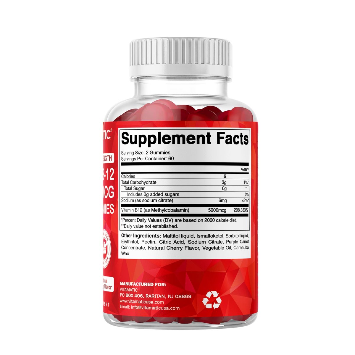 Vitamatic Extra Starkes Vitamin B12 5000 mcg (Methyl-B12) Gummis – 120 Stück – Unterstützt Energie-Stoffwechsel und Nervensystem, Natürlicher Kirschgeschmack